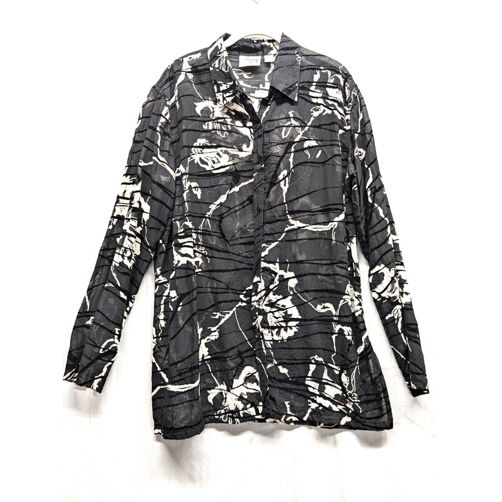 Chicos Design Velvet Burnout Rayon Tunic Blouse Black/White Artsy Abstract Sz: L